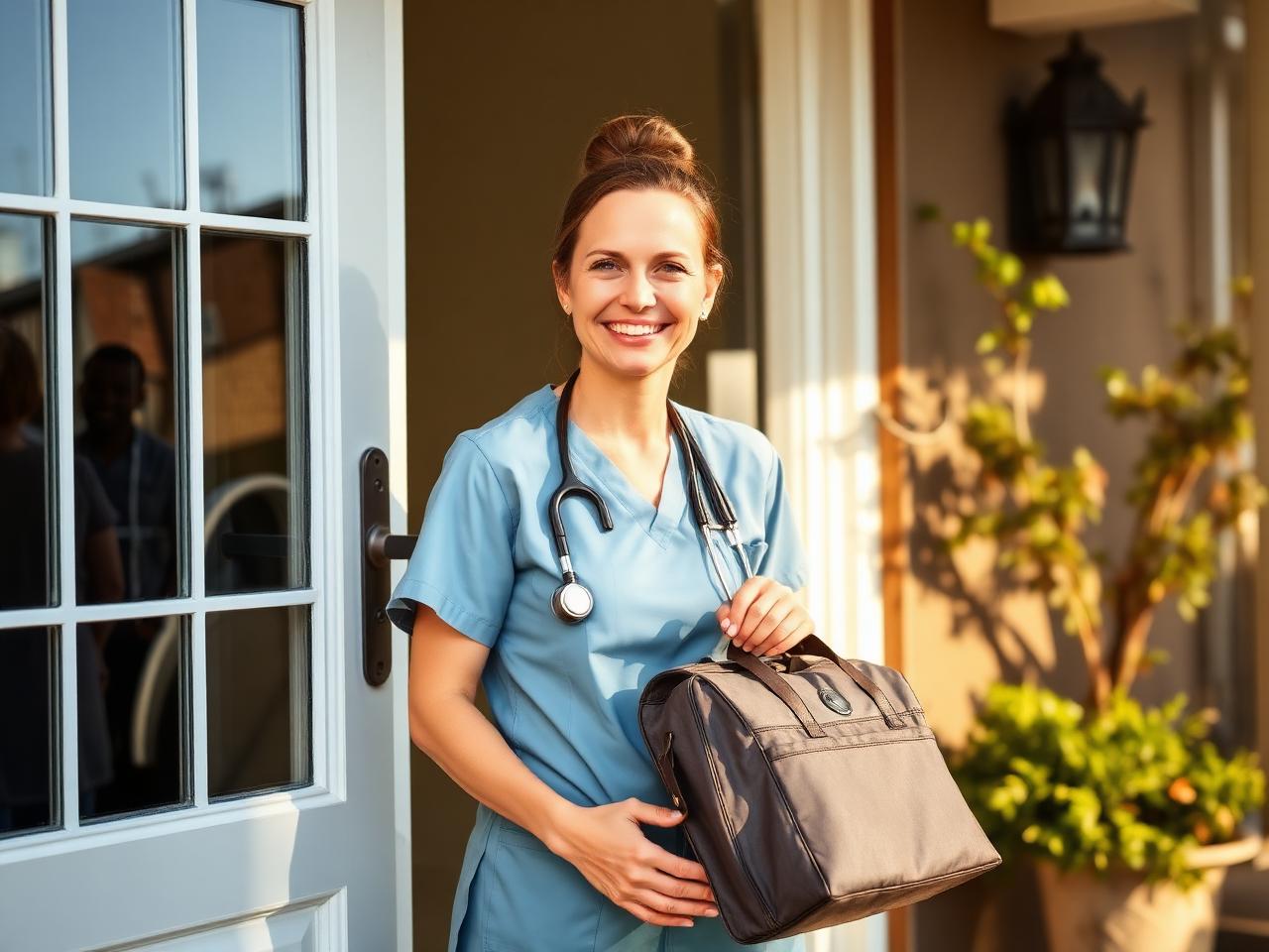 A smiling nurse with a medical bag arriving at a patient's front door